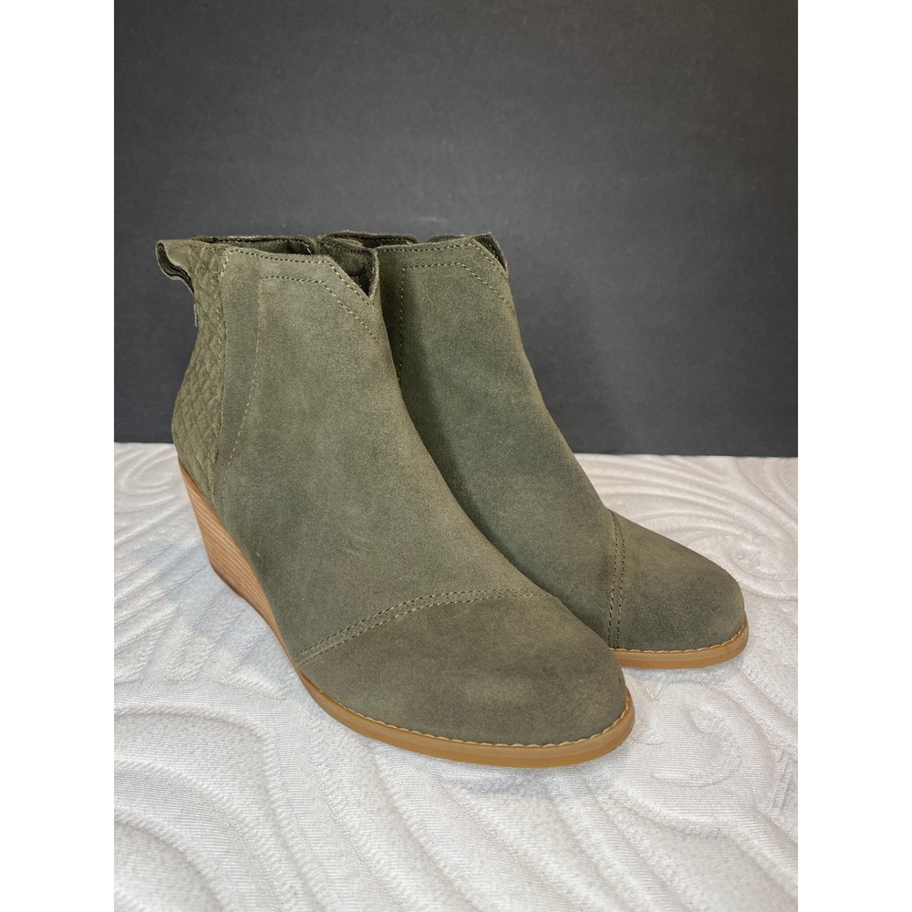 TOMS Leila Olive Green Suede Quilted Wedge Ankle Booties Womens Shoes